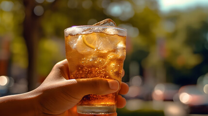 Shot of a hand holding a refreshing cold beverage with droplets condensing on the glass, against a backdrop of a vibrant outdoor setting