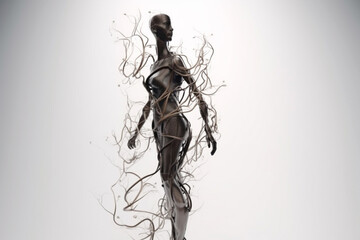 Nature and beauty concept. Beautiful and surreal woman body shape dark silhouettes with tree twigs composition in white background with copy space. Generative AI
