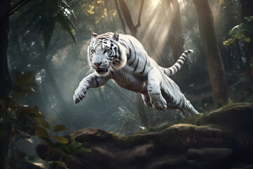 Excited white tiger running and jump in the jungle with green plants on the background. Generative AI.