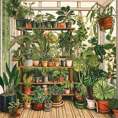 Houseplants on Shelves. Generative AI.
A digital illustration of many houseplants on a series of shelves. 