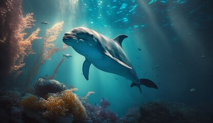 Fototapeta na wymiar Dolphin swimming in the under sea Beautiful Underwater .Generative AI.
