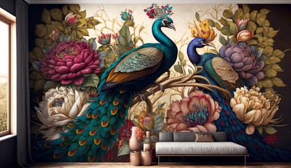 Exotic oriental pattern with peacocks and flowers.Generative AI.
