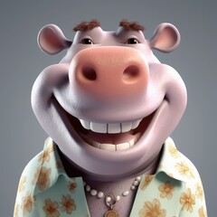 Naklejka premium 3D cartoon hippo portrait wearing clothes, standing in front, studio lights, generative ai