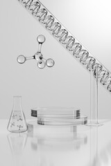 3D rendering transparent round pedestals stacked on each other, an erlenmeyer flask containing liquid and molecules inside