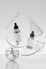 Glass bottles with dropper are floating in the air with laboratory glassware and a flask of liquid and molecule. 3D rendering product mockup