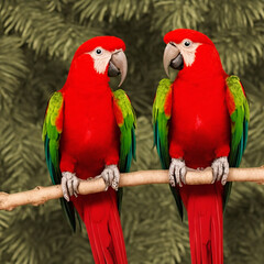 Fototapeta na wymiar Pair of big Scarlet Macaws, Ara macao, two birds sitting on the branch, Brazil. Wildlife love scene from tropical forest nature. Two beautiful parrots in green habitat.