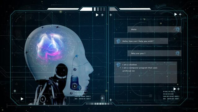 Robot head shows AI icon provide access information, digital chatbot concept. Artificial intelligence, machine learning concept, big data, cloud computing, computer network and innovation technology