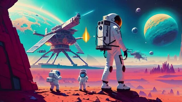 Astronaut exploring an alien planet, surrealistic animation. Dreamy cosmic animation, vivid colors illustrations, transformations and metamorphose. AI generated video