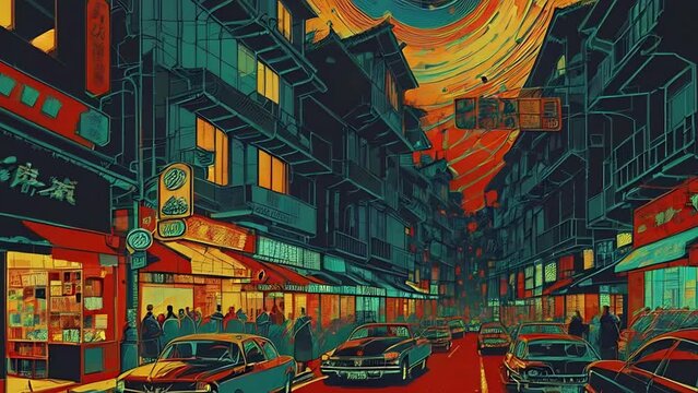 Retro city life in vintage anime style. Road traffic, people walking on the street at sunset. Image transformations and metamorphose. AI generated video