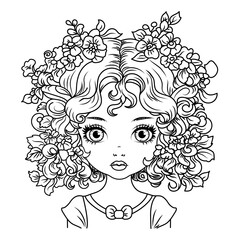 A character design cute girl with a flowers. Coloring book 