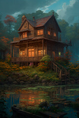 Fototapeta na wymiar A house in the middle of a lake. Generative AI