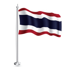 Thai Flag. Isolated Realistic Wave Flag of Thailand Country on Flagpole.