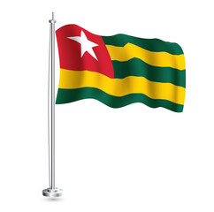 Togo Flag. Isolated Realistic Wave Flag of Togo Country on Flagpole.