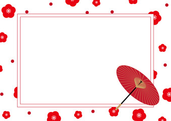 梅の花の赤い和傘のフレームイラスト素材