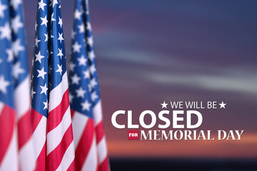 Memorial Day Background Design. USA flags on a background of sunset sky with a message. We will be...