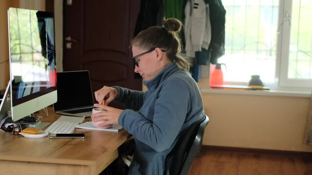 Girl drinks tea with cookies working at home. Woman in glasses work at home office, with personal computer and laptop lying on the table. Modern work culture and productivity.