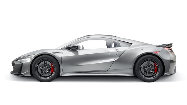 San Diego, USA. March 26, 2023. Grey Acura NSX Type-S 2022 on a white background. Hybrid innovative sports car coupe. 3d rendering.