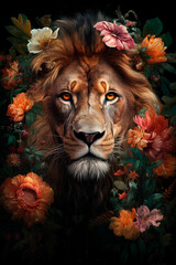 A lion surrounded by flowers. Generative AI