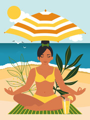 Obraz na płótnie Canvas Young woman is sitting in yoga lotus position. Free mind concept, female mental health, positive mind. A girl in a swimsuit meditates on the beach in summer. 