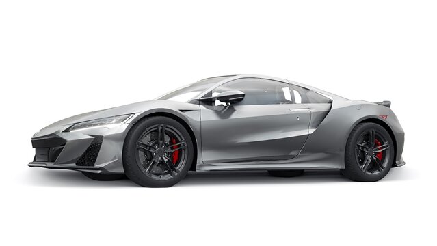 San Diego, USA. March 26, 2023. Grey Acura NSX Type-S 2022 on a white background. Hybrid innovative sports car coupe. 3d rendering.