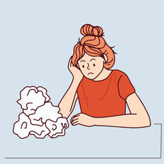 line art character woman working stuck sitting thinking trouble torn paper life problems hand drawn illustration vector