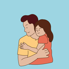 line art father's day cartoon character father hugging son daughter illustration vector hand drawn