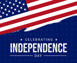 Fototapeta na wymiar 4th of July greeting card with brush stroke background in United States national flag colors and typography. Happy Independence Day