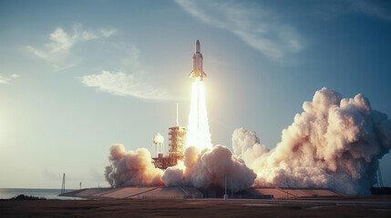 rocket stars into space. spaceship takes off into the night sky on a mission. Generative AI