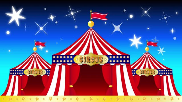  赤のサーカステントと夜空いっぱいに星がキラキラと輝く幻想的なビデオ背景イメージ