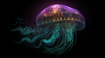 Glowing jellyfish swim deep in the blue sea. Jellyfish neon jellyfish fantasy on black background. Generative AI 