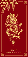 Happy chinese new year 2024 the dragon zodiac sign with clouds, lantern, asian elements gold paper cut style on color background. Year of the dragon banner