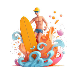 Carefree surfer with board shorts with surf - Plasticine Illustration 3