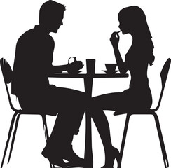 Silhouette of a couple sitting at a table with cups of coffee vector.