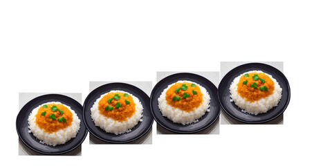 Four black plates with two types of fried rice isolated on white background good for banner, menu card, flyer 