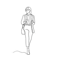 Continuous line, business woman, young woman walking with a cup of coffee hand drawn illustration vector