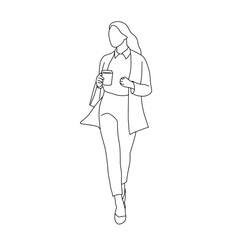 Continuous line, business woman, young woman walking with a cup of coffee hand drawn illustration vector