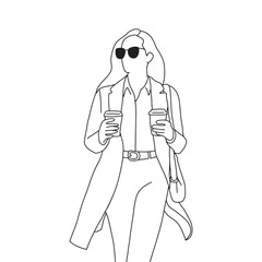 Continuous line, business woman, young woman walking with a cup of coffee hand drawn illustration vector