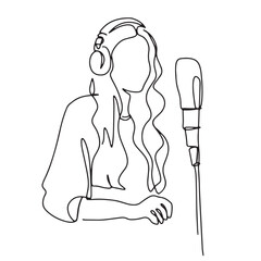 continuous line woman working on podcast talking through mic using headphones hand drawn illustration vector