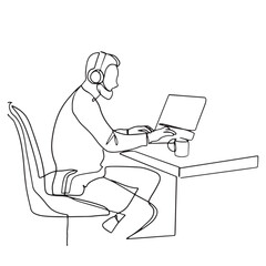 continuous line man using computer to work freelance use headphones listen to music relax hand drawn illustration vector