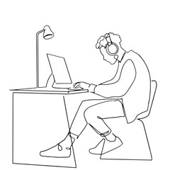 continuous line man using computer to work freelance use headphones listen to music relax hand drawn illustration vector
