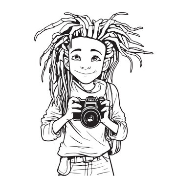 Cute boy with photocamera in his hands, photographer with dreadlocks, young guy, line art vector illustration, black on white background, isolated