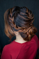 Naklejka premium Photo of a stylish female hairstyle, on the back of the girl's head. Image for your creative decoration or design.