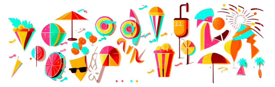 summer vibe icons set in png format, colourful set sticker with umbrella, flower, decoration cartoon.