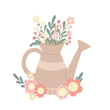 Vector summer card with flat hand drawn illustration of a garden watering can and bouquet of berries, flowers and leaves.