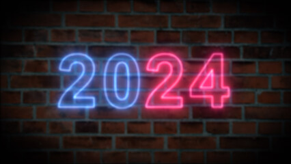 Fototapeta na wymiar Glowing neon sign with 2024 on brick wall background. 3D rendering