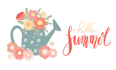 Slogan hello summer. Vector horizontal card with flat hand drawn illustration of a garden watering can and lush poppies bouquet with lettering. © veleri_kz