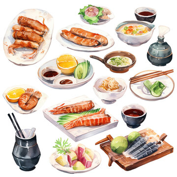 Watercolor Japanese food. Hand painted food objects: teapot and cups, sushi, roll and chopsticks. Generative AI.