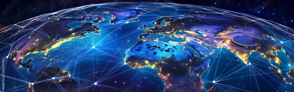 Poster Communication technology for internet business. Global world network and telecommunication on earth cryptocurrency and blockchain and IoT. Generative AI.