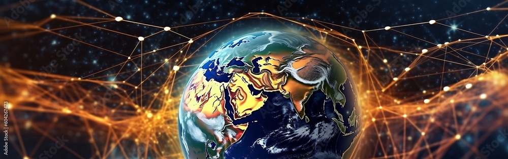 Poster Communication technology for internet business. Global world network and telecommunication on earth cryptocurrency and blockchain and IoT. Generative AI.