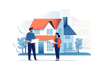 Landing page template with house, signed property purchase agreement, buyer and seller shaking hands. Concept of real estate deal, buying home. Generative AI.